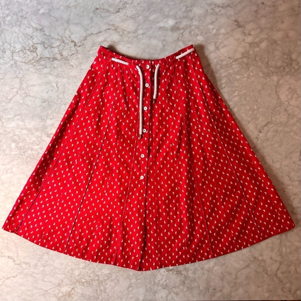 Vintage 70s Century Boston Sailboats Button Front Midi Skirt Size 10 Cottagecore